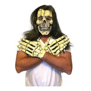 Skeleton Rubber Mask And Adjustable Hands Halloween Long Green Hair Creepy Ghoul